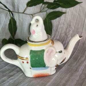 Vintage 1990s PIER 1 IMPORTS porcelain hand painted mini elephant & baby teapot